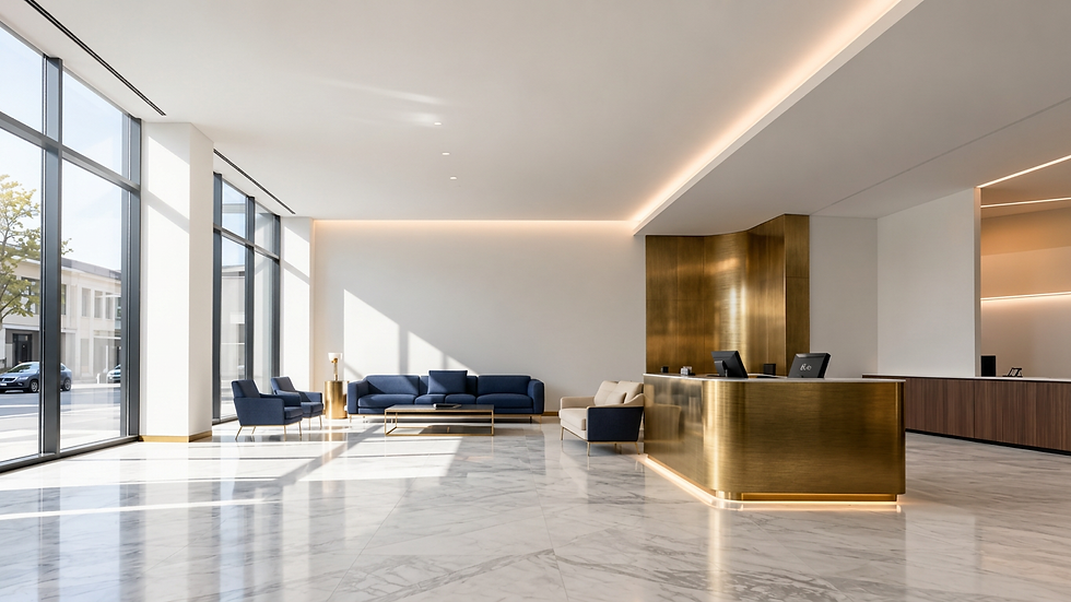 Architectural interior photography of a modern high-end office lobby. The space features a gleaming brass reception desk, marble floors, and elegant blue lounge furniture creating a sophisticated and professional atmosphere.