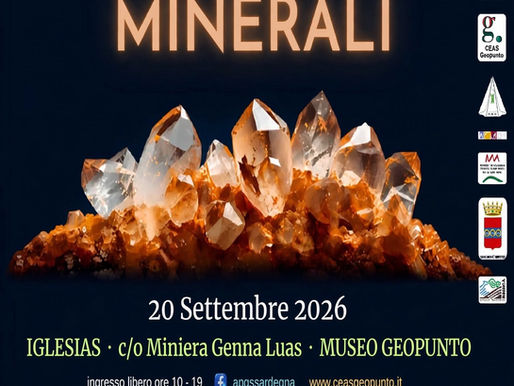 Locandina della seconda mostra-scambio di minerali al Museo Geopunto di Iglesias, il 20 settembre 2026 dalle 10 alle 19, con ingresso libero.