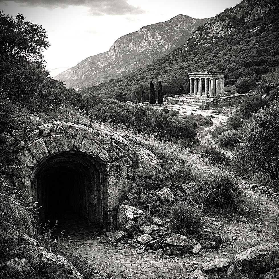 Immagine di fantasia della valle del Tempio di Antas con l’ingresso di un’antica galleria