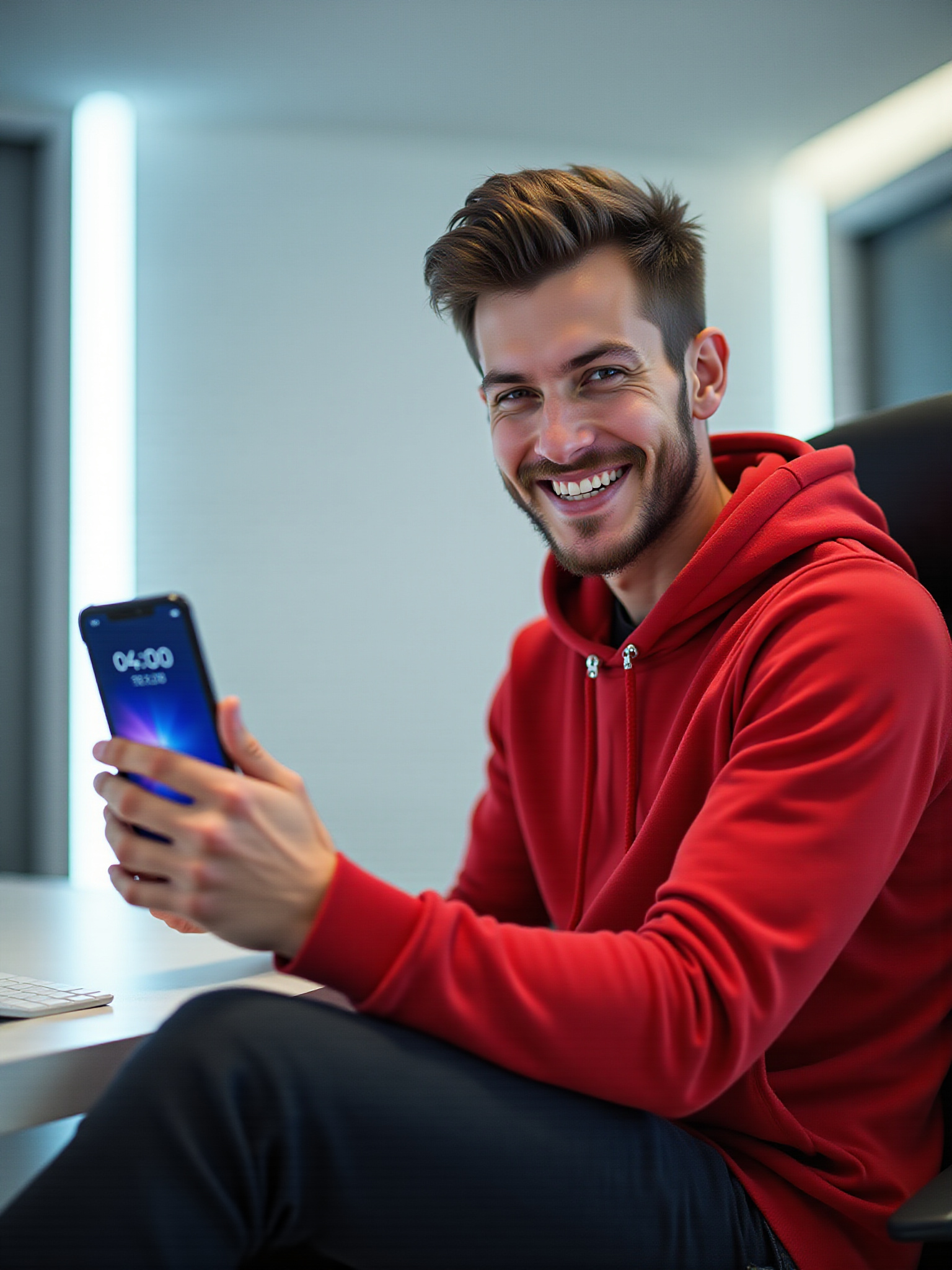 Smiling man in red hoodie holding phone; 04:00 displayed