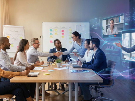 Business meeting with eight people in an office, two shaking hands. Digital screen displays virtual colleagues in video call, AI graphics.