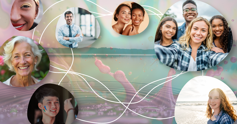 Collage of diverse, smiling people in circular frames connected by white lines. Abstract pastel-colored background with bubbles.