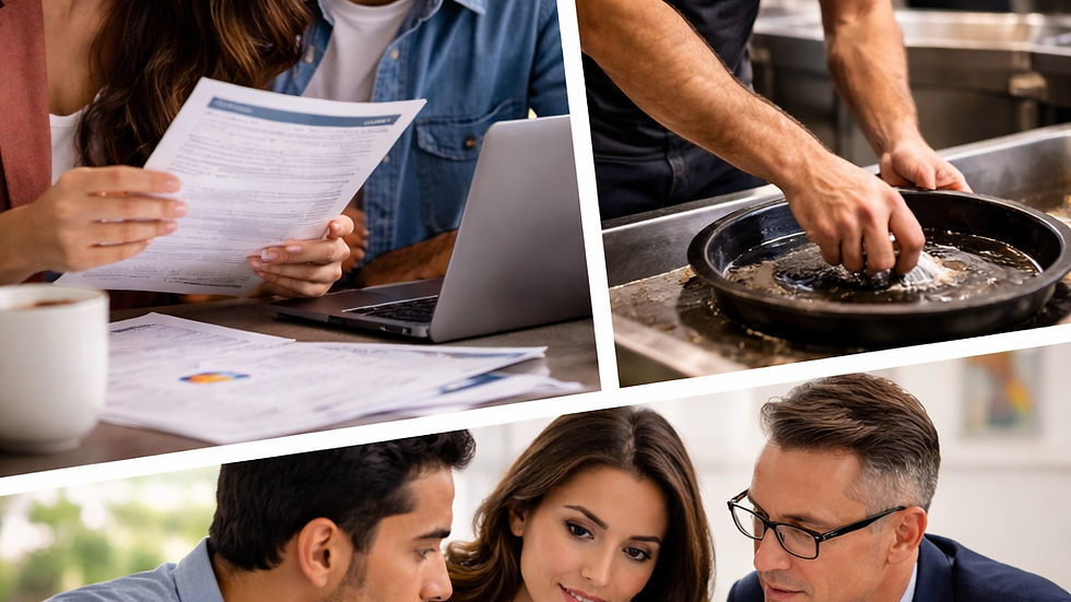 Pareja inmigrante revisando documentos, trabajando en un empleo y reuniéndose con un abogado mientras su caso de inmigración está pendiente en los Estados Unidos