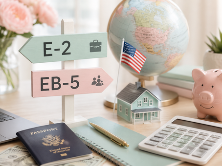 Comparison of E-2 Treaty Investor Visa and EB-5 Immigrant Investor Program illustrating U.S. investment immigration strategies, Green Card pathways, investment requirements, and business planning considerations for foreign investors.