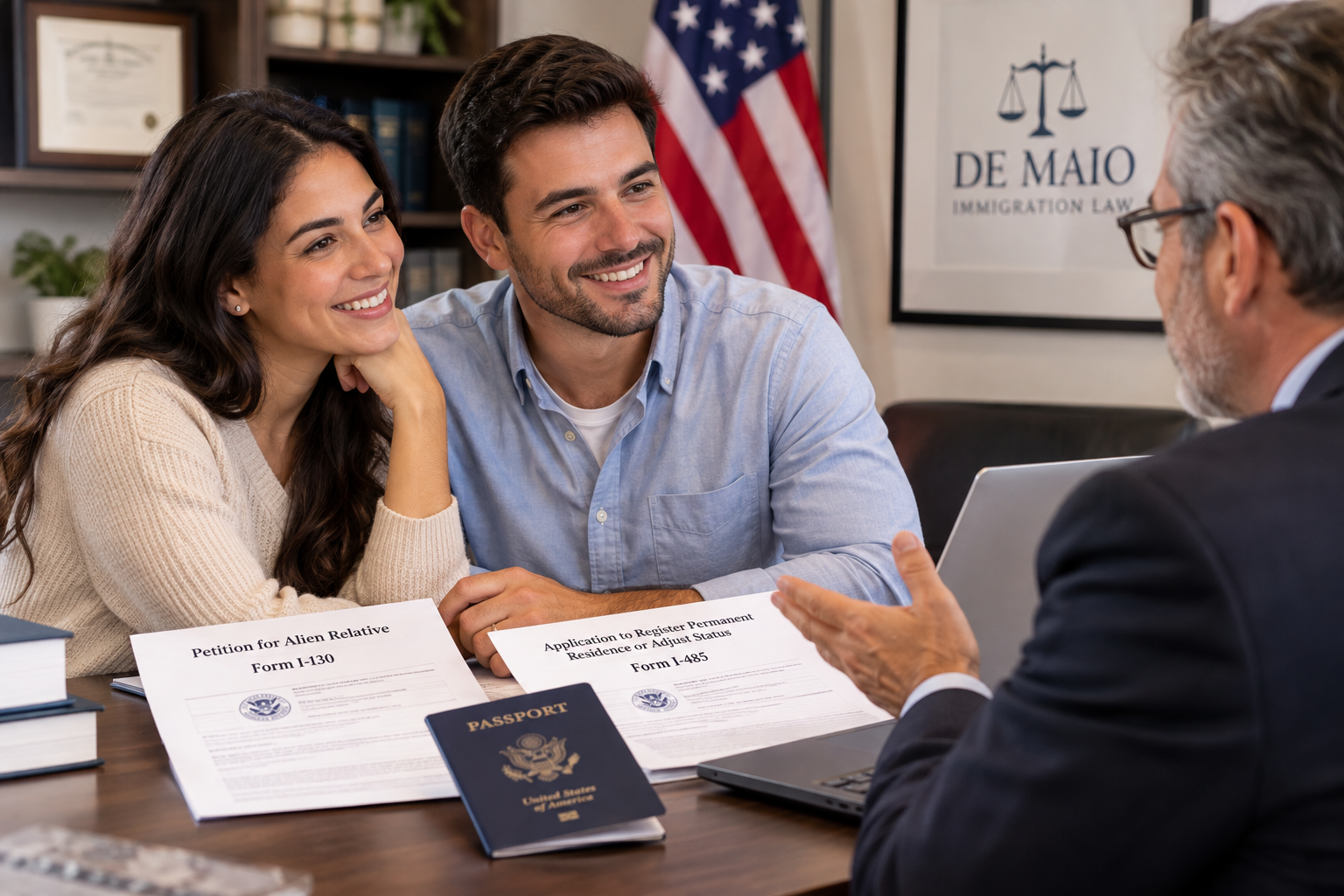 Residencia por matrimonio con ciudadano estadounidense, petición familiar I-130, ajuste de estatus y estrategia legal de inmigración.