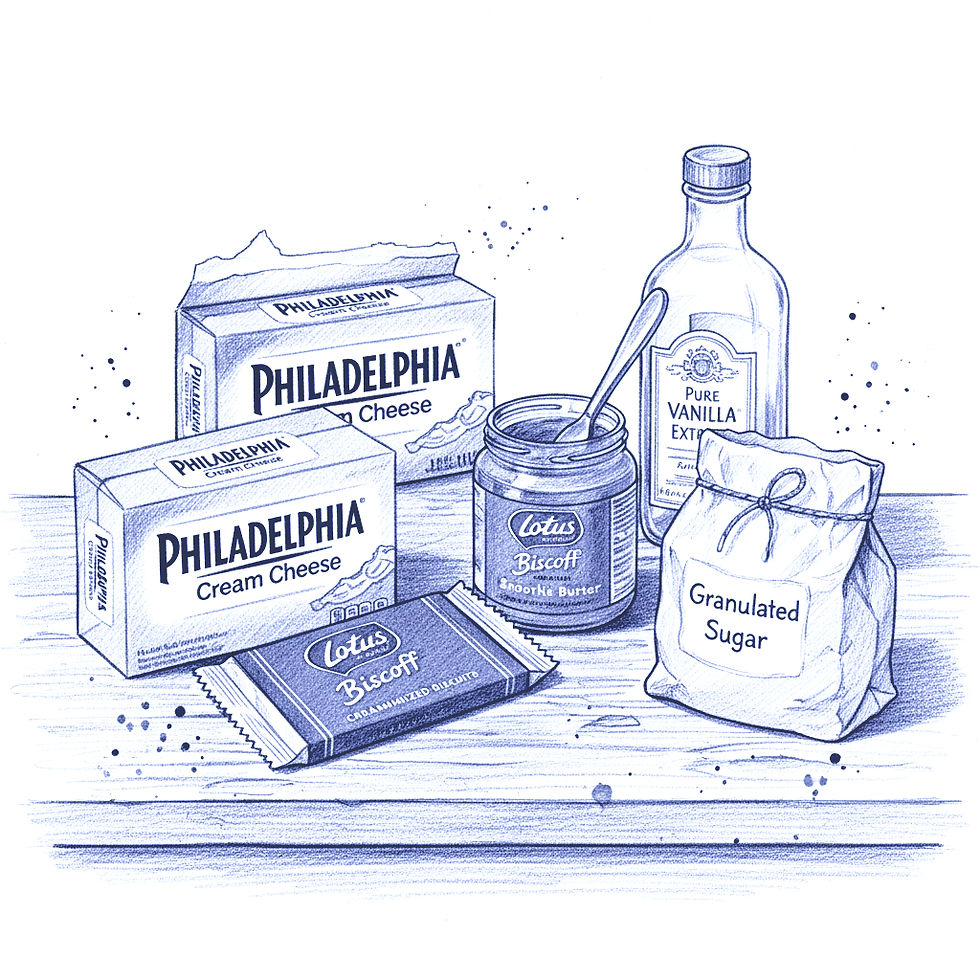 Cream cheese boxes, Biscoff spread, vanilla extract, a sugar bag, and Biscoff biscuits on a wooden table. Blue sketch style, labels visible.