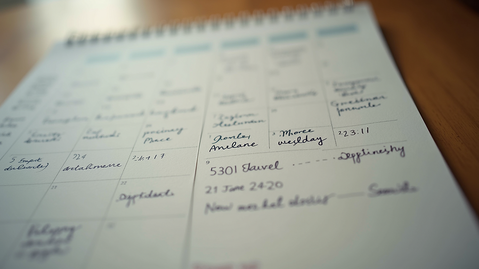 High angle view of a calendar with wedding dates marked and notes
