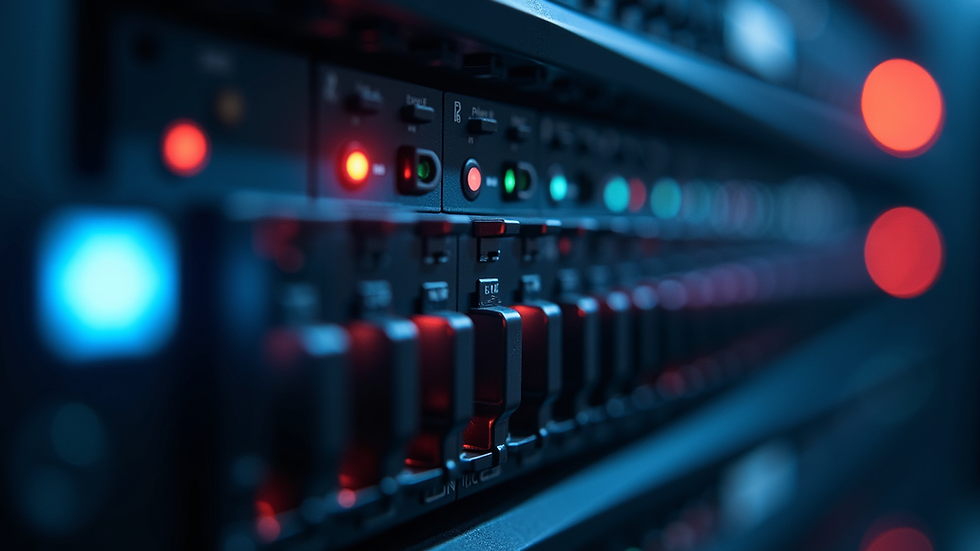 Close-up view of a server rack with blinking network equipment lights