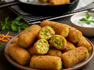 Croquetas de harina de arvejas doradas y crocantes, con interior suave, ideales como entrada o plato liviano
