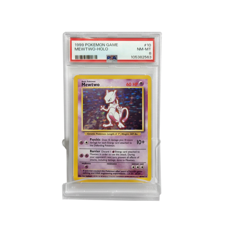 PSA graded Pokémon card displayed on clear acrylic wall mount with floating design