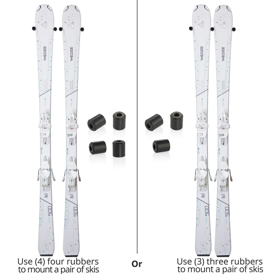 Vulcanized rubber ski mount gripping skis at edges for stable wall storage