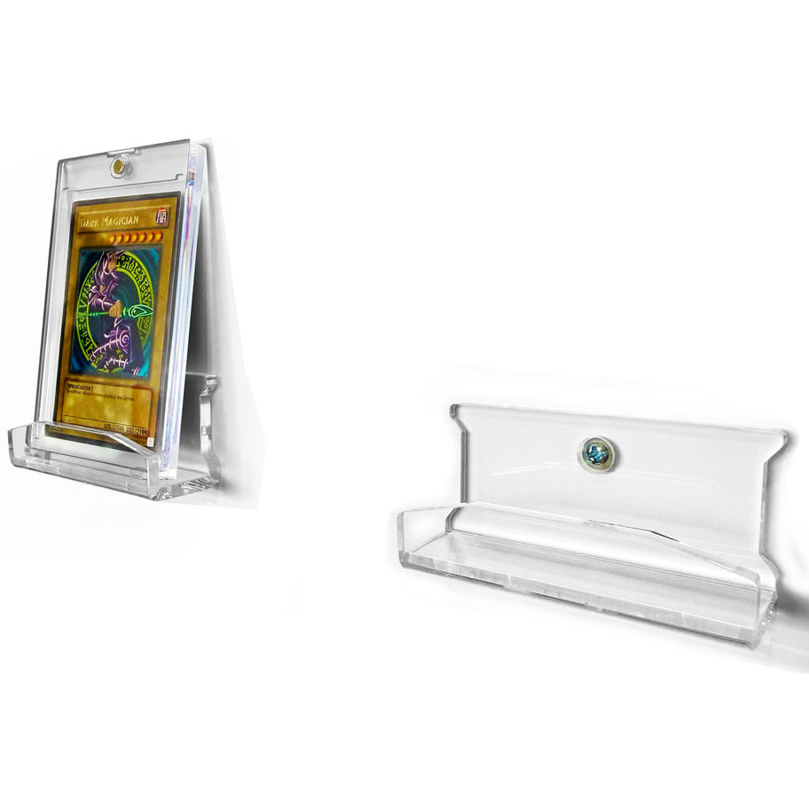 Yu-Gi-Oh trading cards displayed on transparent wall mounts creating a modern card display