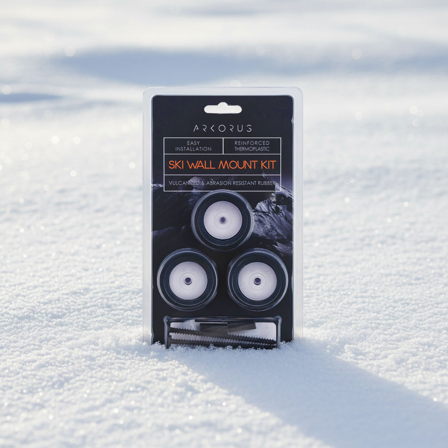 Close-up of the hybrid ski hanger in package burried in snow 