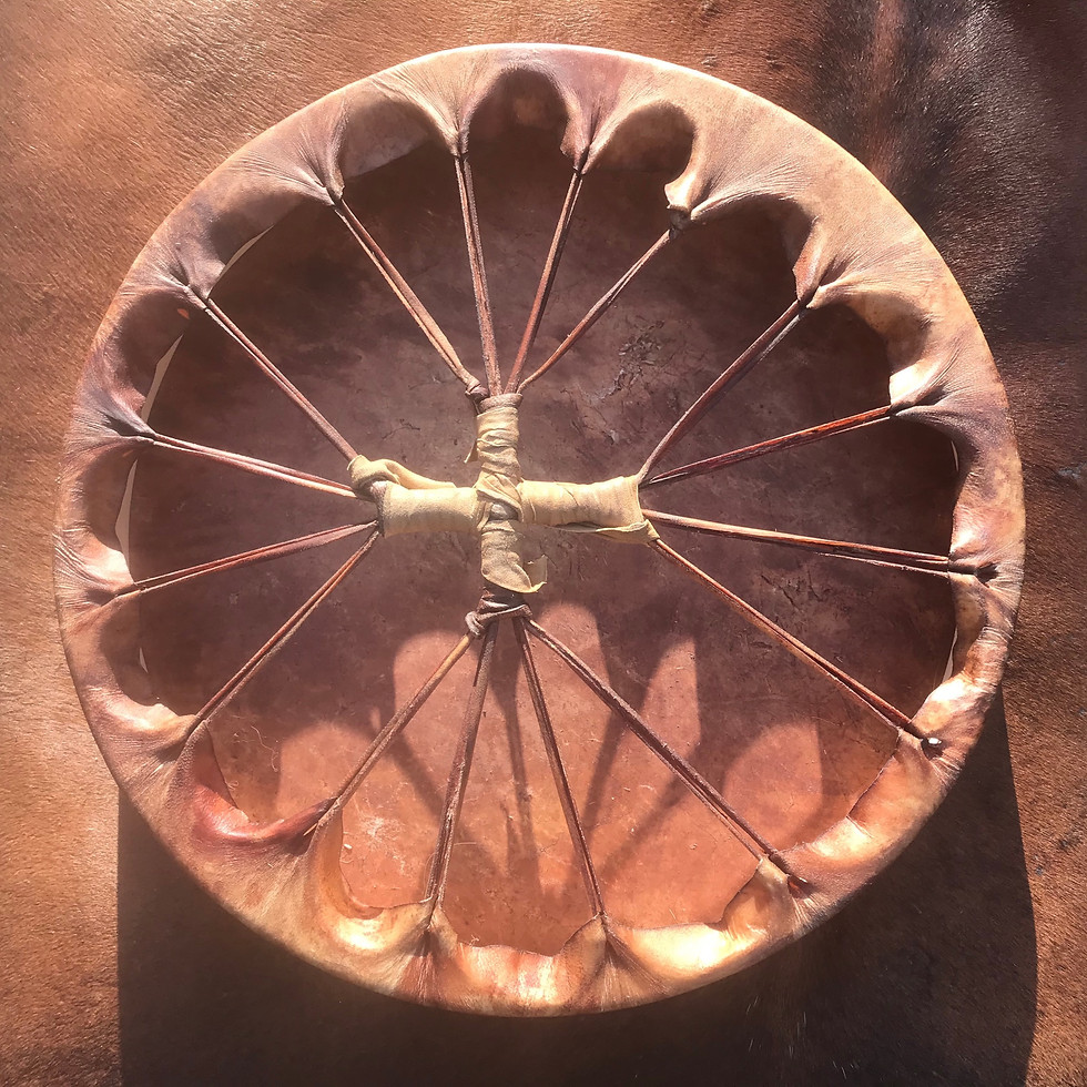Thumbnail: 18" frame drum, ash hoop, deer hide, hawthorn leaf dye
