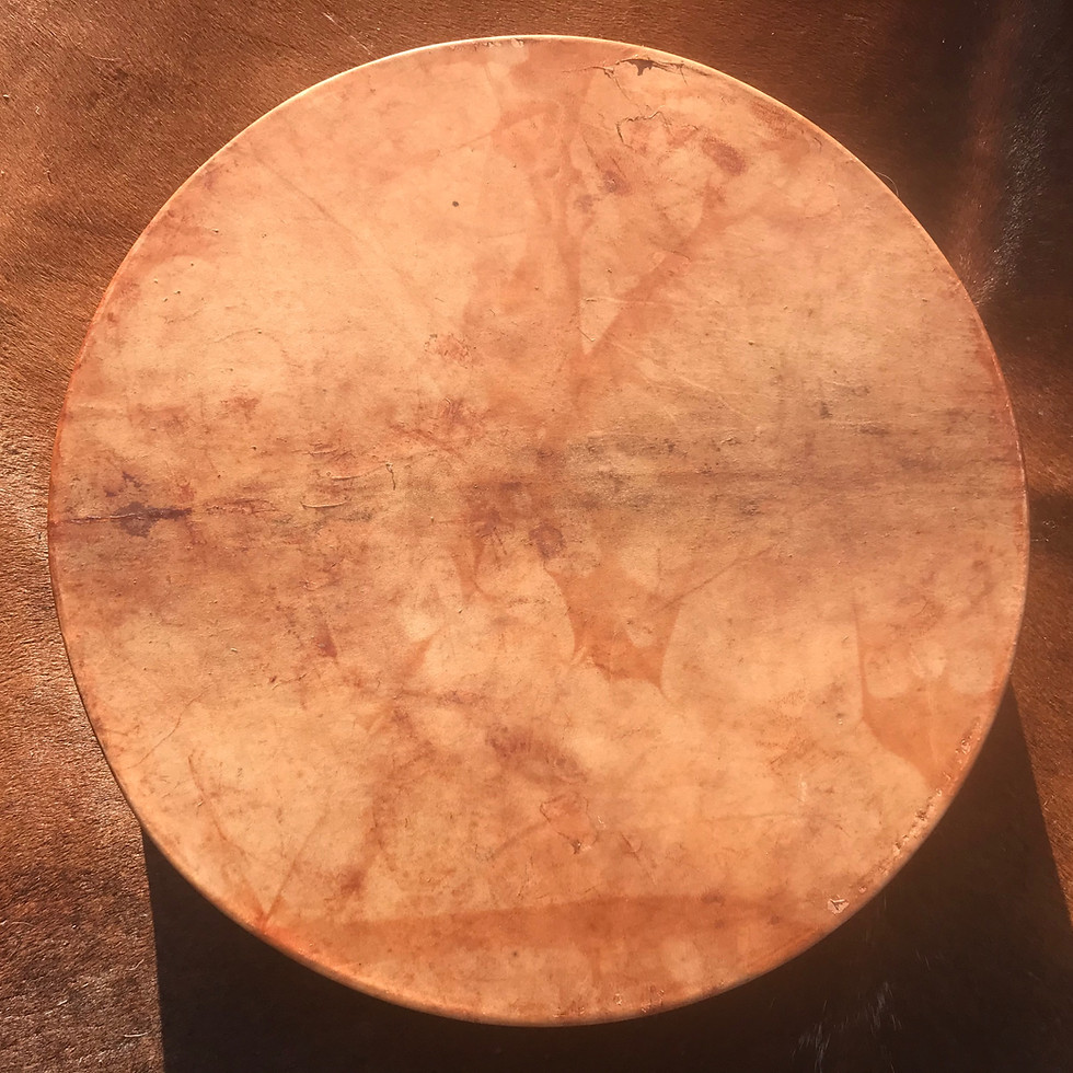 Thumbnail: 18" frame drum, ash hoop, deer hide, hawthorn leaf dye