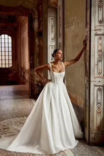 Keegan by Justin Alexander stretch Mikado ball gown wedding dress with square neckline and cathedral train