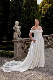 Julianna crepe A-line wedding dress with sweetheart neckline, off-the-shoulder sleeves and cathedral train
