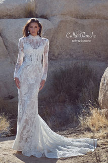 Calla Blanche Ismerie beaded lace sheath wedding dress with sweetheart neckline and detachable high neck lace jacket.