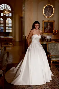Jones modern mikado A-line wedding dress with strapless notch neckline and chapel train