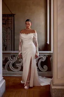 Jessa long sleeve charmeuse fit and flare wedding dress with off-the-shoulder neckline and chapel train