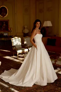 Jordan satin A-line wedding dress with embroidered lace, straight neckline and chapel train