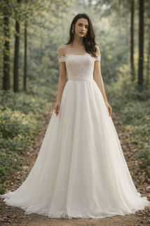 Off-the-shoulder lace A-line wedding dress with fitted bodice and flowing tulle skirt.