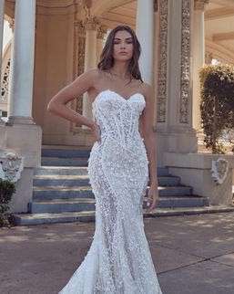 Ivory and light nude Renata 126247 3D lace sheath wedding dress by Calla Blanche with sweetheart neckline and figure-enhancing floral lace detailing.
