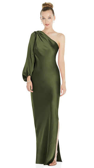 8216 by dessy bridesmaids
A little yin and yang energy lends a playful aura to this formal lux charmeuse gown. A dramatic one-shoulder silhouette is paired with a billowing bishop sleeve and a maxi skirt that falls to the floor for an ultra-elegant look.