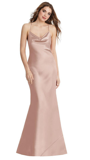 LB002 BY Dessy Bridesmaids
Pairing a maxi length skirt with a delicate cowl neck, this slip dress is simply stunning for any formal occasion. It shows off lush lux charmeuse fabric with a bias cut skirt that creates lovely movement. Delicate spaghetti straps are convertible, creating either a halter top or a crisscross back.