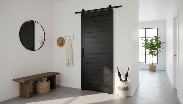 Wide-angle view of a black barn door installed on an entranceway coat closet.