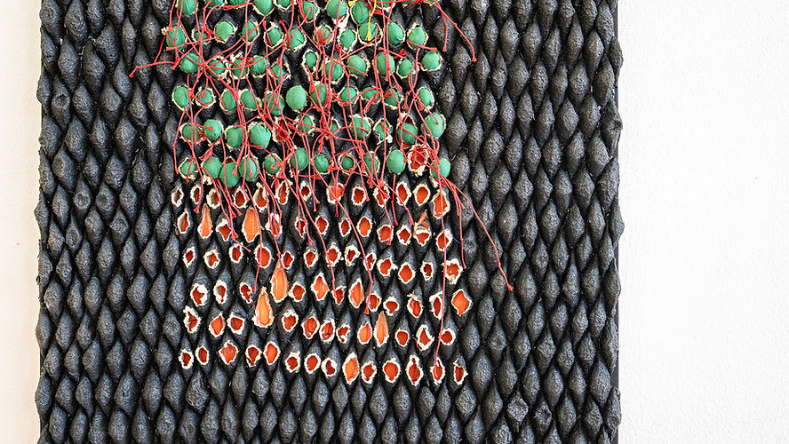 Wallen Mapondera_TBC_Painted Egg Crates and Calico Cloth on Canvas_60 x 50.5 x 4.5 cm_Deta