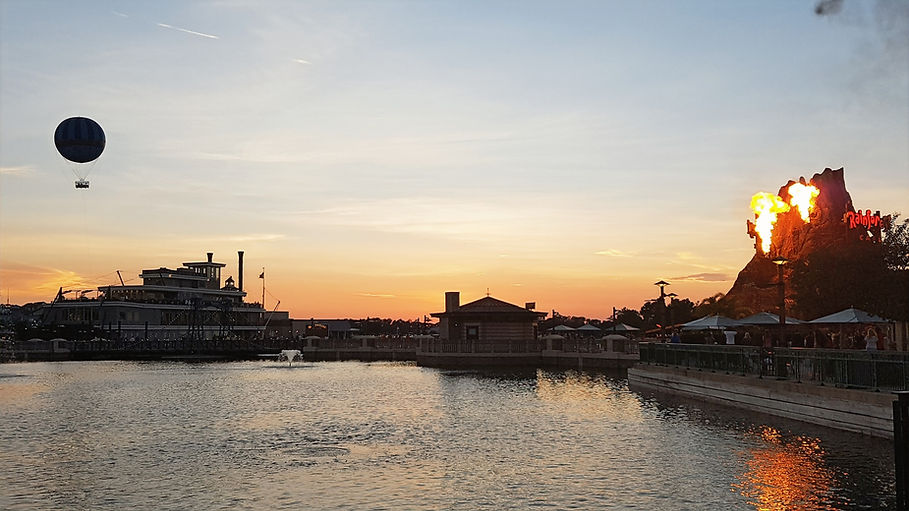 View over lake at Disney Springs at sunset