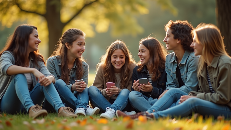 Eye-level view of a group of teens sitting together in a park, laughing and sharing stories