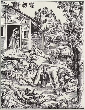 A werewolf in a German woodcut, circa 1512
