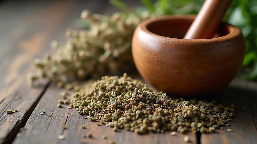 Eye-level view of dried herbs and a mortar and pestle on a wooden surface