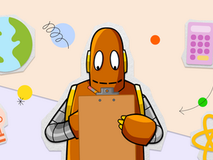 Moby the orange robot with a clipboard, surrounded by Earth, lightbulb, calculator, and science icons. Bright colors on a light background.
