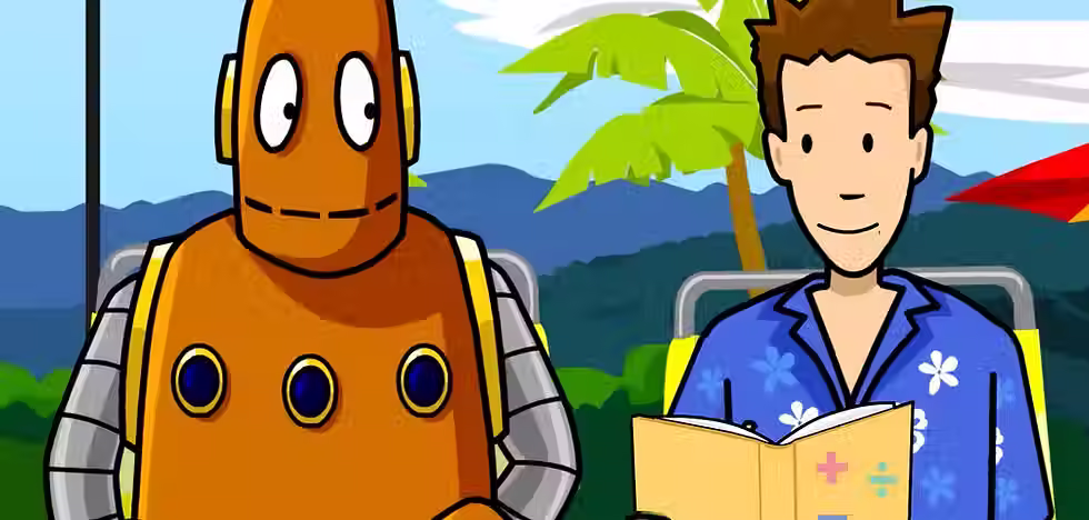 Tim and Moby in Hawaiian shirts, reading a book about math