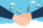 Illustration of two hands shaking surrounded by four people in business attire walking or jumping on a cloudy blue background.