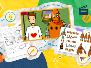 Animated BrainPOP characters Tim and Moby stand in a room. Tim has a heart on his shirt. Storyboards and robot illustrations surround them on a colorful background.