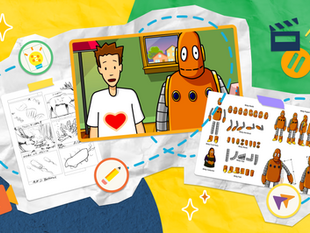 Animated BrainPOP characters Tim and Moby stand in a room. Tim has a heart on his shirt. Storyboards and robot illustrations surround them on a colorful background.