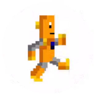 A pixelated Sprite version of Moby, the orange robot