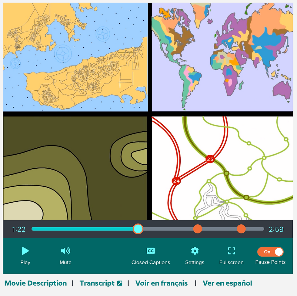 Four colorful map illustrations in a grid. Bottom section shows video controls with a progress bar and various settings options.