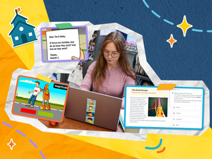 A person in a pink sweater works on a laptop with cartoon stickers. Surrounding graphics show educational content from the BrainPOP topic "Forces" including a letter reading "Dear Tim and Moby, If forces are invisible, how do we know they exist? And how do they work? Thanks, Katelin C.”