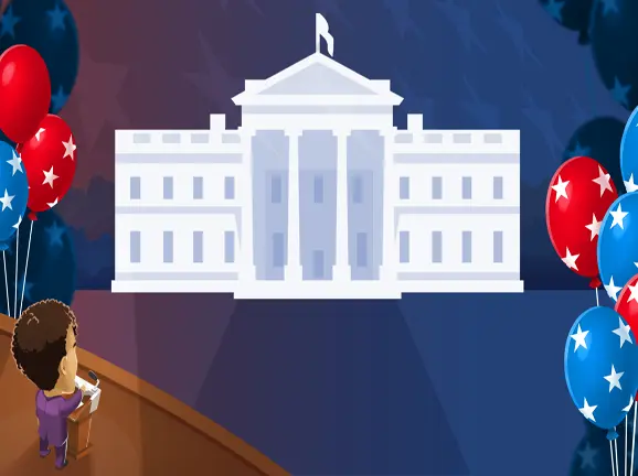 White house surrounded by red and blue starred balloons