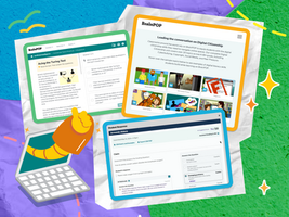 Three digital screens display BrainPOP educational content on AI, digital citizenship, and student responses. Colorful, playful background.