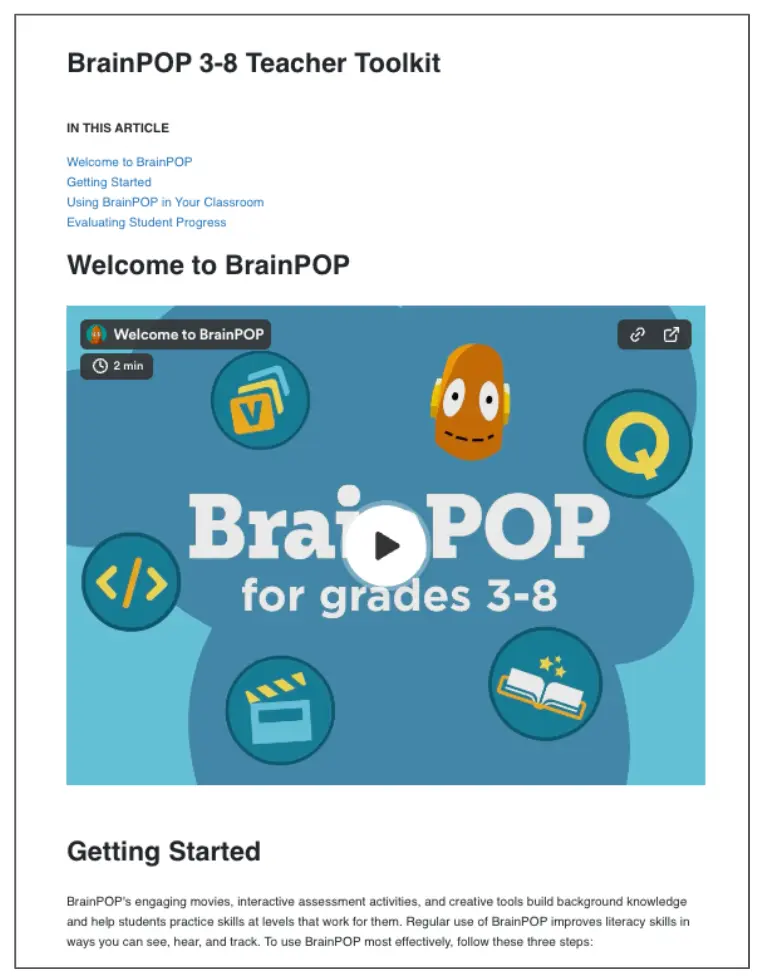 BrainPOP 3-8 Teacher Toolkit cover. Blue background, cartoon character, icons, text: Welcome to BrainPOP, BrainPOP for grades 3-8.