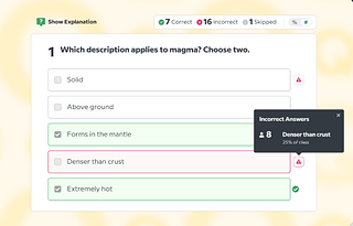Live Mode quiz question: Which description applies to magma? Choose two. Multiple choice selection shows two correct answers in green and one incorrect answer in red.