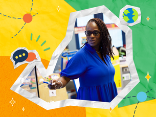 Teacher in blue dress pointing, standing in a colorful classroom. Yellow, green background with chat icons and globe graphic.