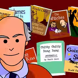 Roald Dahl in front of many of his authored books, including Charlie and the Chocolate Factory, The Witches, Chitty Chitty Bang Bang, and James and the Giant Peach.