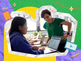 Teacher in green smiles and leans over a student using a laptop in a bright classroom, with colorful graphic border. AI icon. 